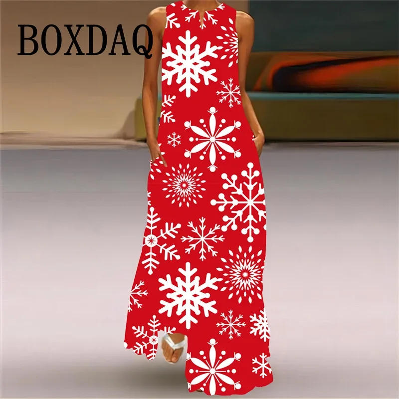 Winter Snowflake Print Women Dress Fashion Casual Christmas Party Evening Long Dress Sexy V-neck Sleeveless Tank Maxi Dress