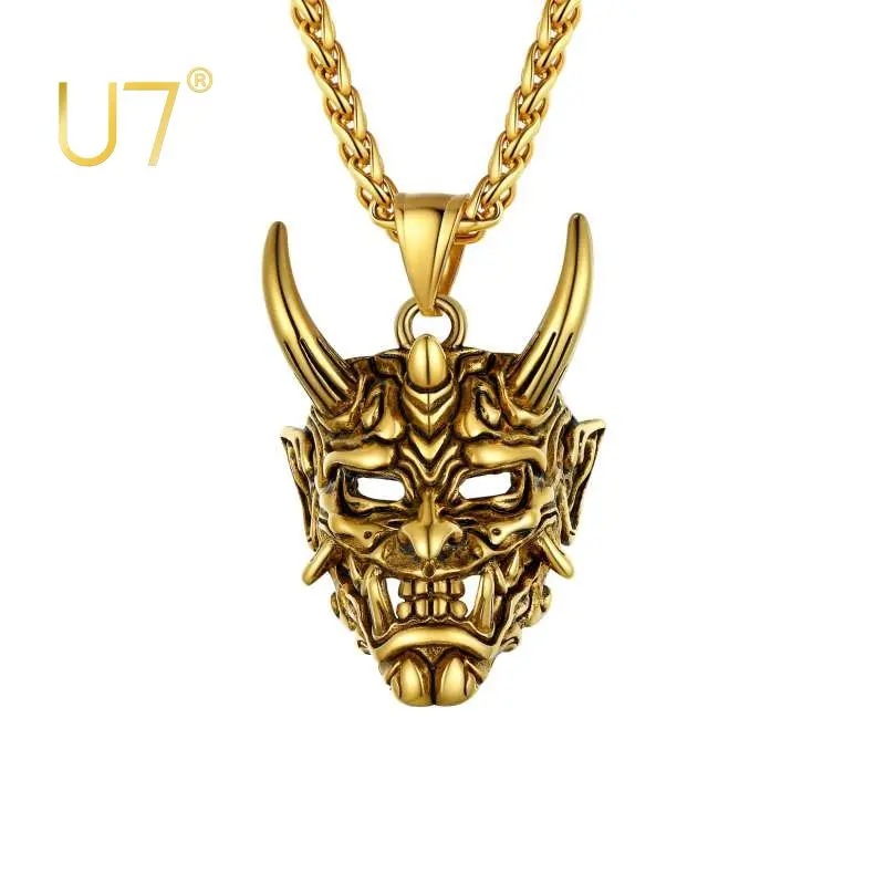 U7 Stainless Steel Evil Demon Horn Hannya Mask Necklace Gold Color Vintage Black Pendant 22\