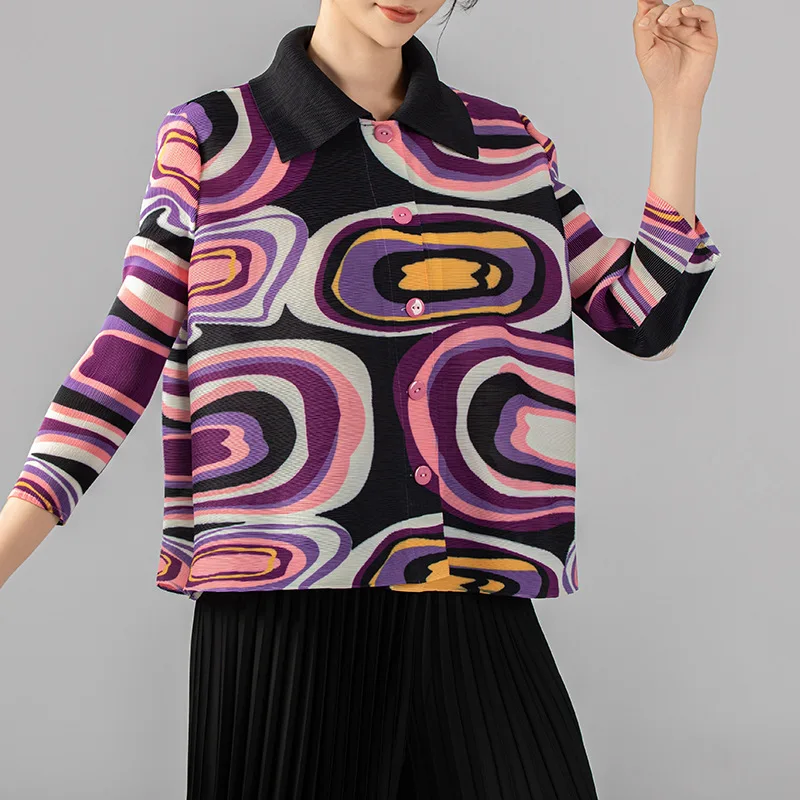 

2026 Miyake Pleated New Top Collar Long Sleeve Cardigan Loose Versatile Shirt Jacket Minimalist Plus Size Stretch Women's Wear