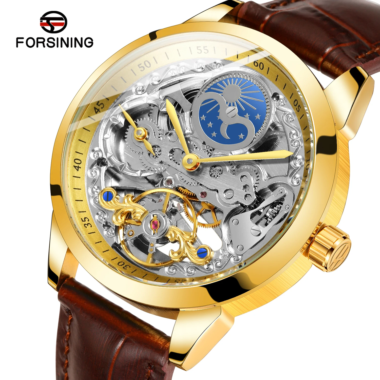 Forsining Retro Moon Phase Skeleton Automatic Watch for Men Luxury Brand Tourbillon Gold Mechanical Watches Brown Leather Strap