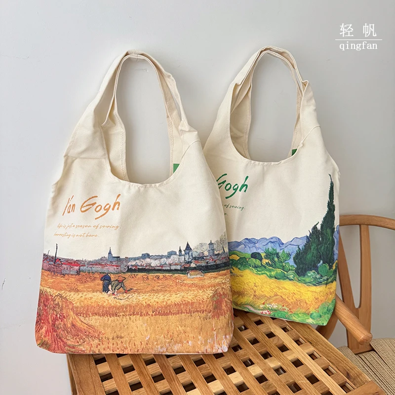 

Light sail women's shoulder canvas bag Van Gogh oil painting retro literature and art large capacity student class studio logo c