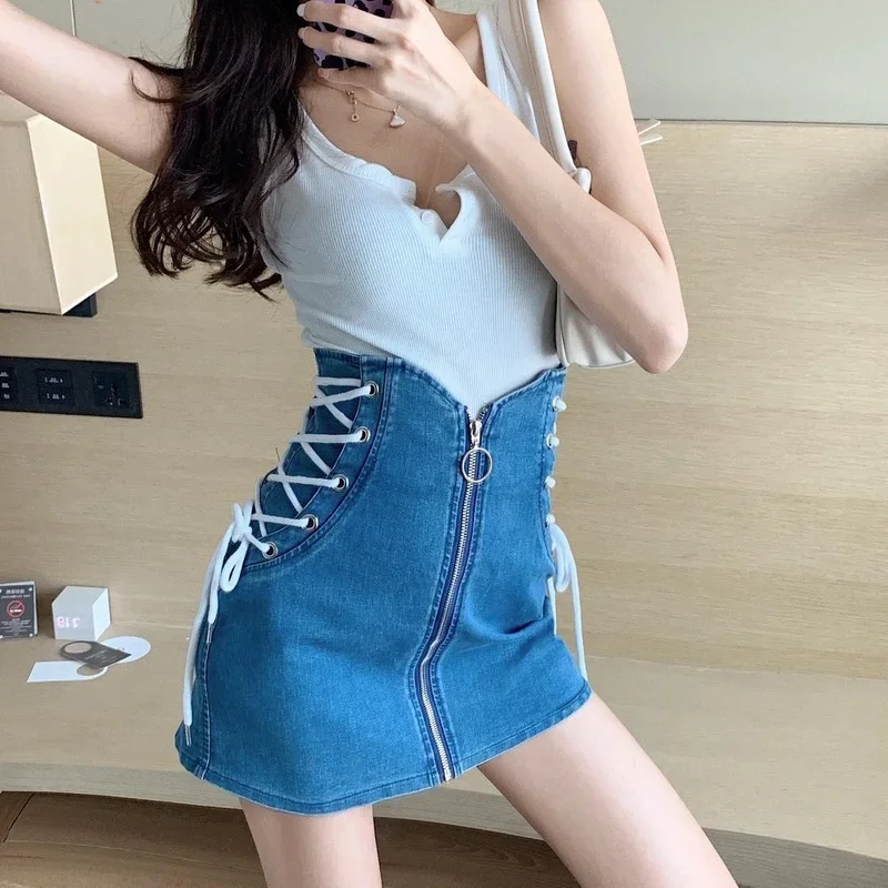 

Women Clubwear Sexy Warp Slim Vintage Designer Oversized Pencil Denim Skirts Female Lace Up High Waist Zipper Mini Jean Skirts