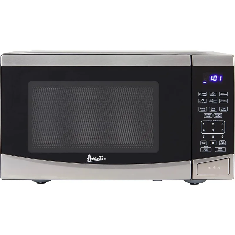 Microwave Oven 900-Watts Compact with 10 Power Levels and 6 Pre Cooking Settings, Speed Defrost, 0.9 cubic feet, Stainless Steel