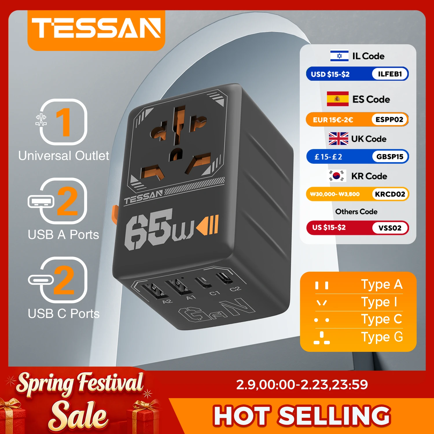 

Универсальный сетевой адаптер TESSAN 65W GaN с USB Type-C, 140/100/35W, для путешествий, с вилками EU/UK/US/AUS