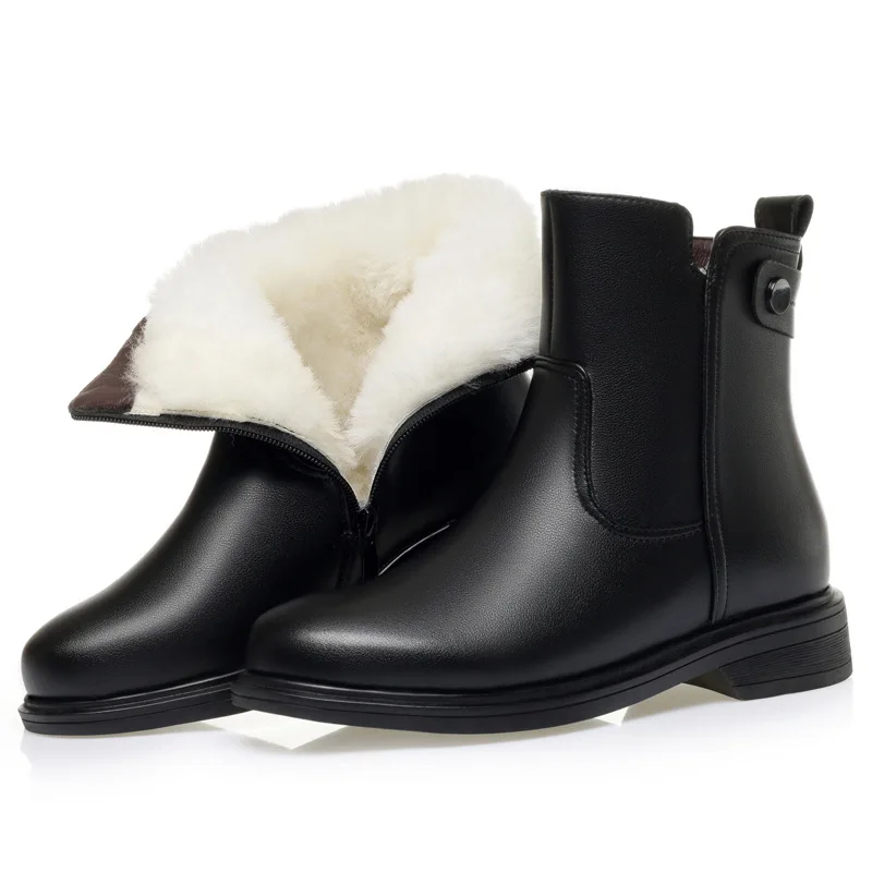 

Plus Size 35-43 All Match Black Soft Leather Boots Women's Flat Platform Shoes 2025 Winter Warm Wool Fur Boots for Office Mom
