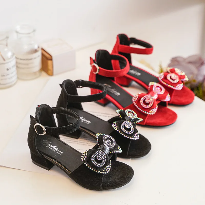 Sandali da ragazza estate nuovo tacco alto scarpe da principessa con suola morbida sandali romani con fiocco alla moda scarpe per bambini Open Toe