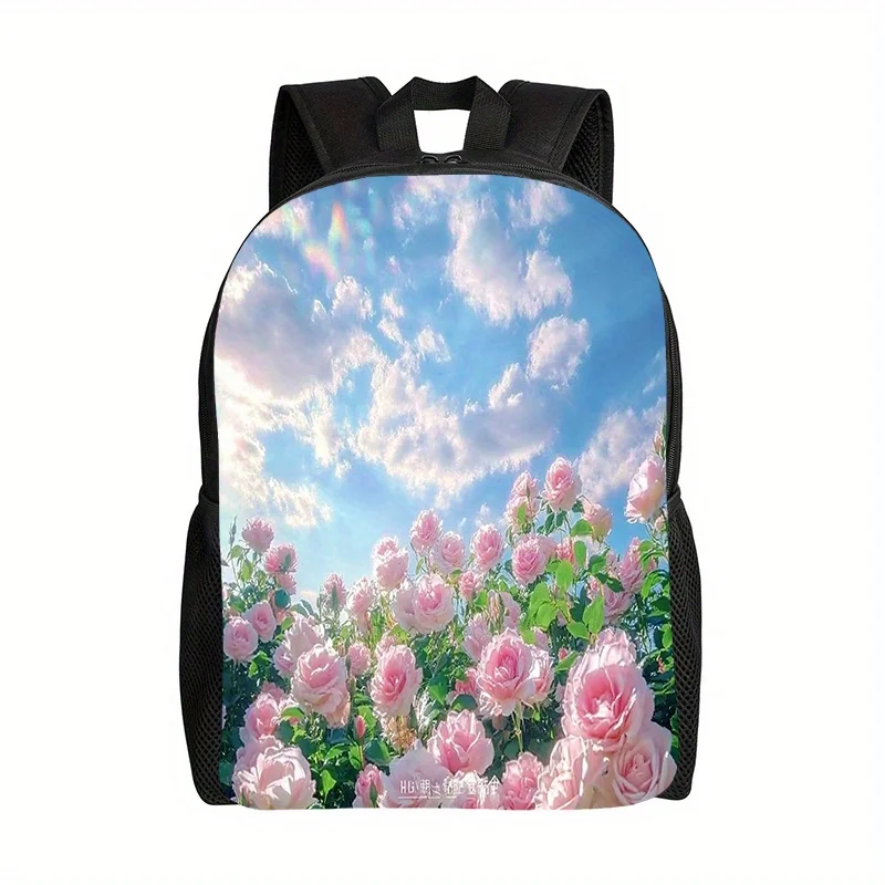 

2D flat printed backpack, spring multi-functional backpack, pink rose sea, polyester material, large-capacity travel bag