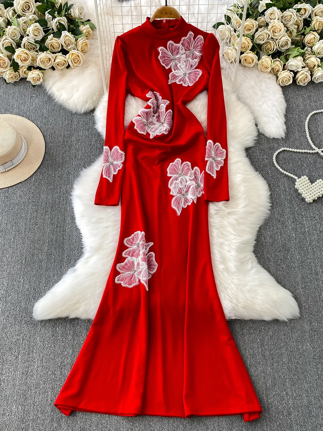 엘레 롱 스웨 여성용 드레스, 헤비 워크 3D 플라워 장식 슬림핏 피트 테일 가운, 가을 겨울 포멀 행사용...