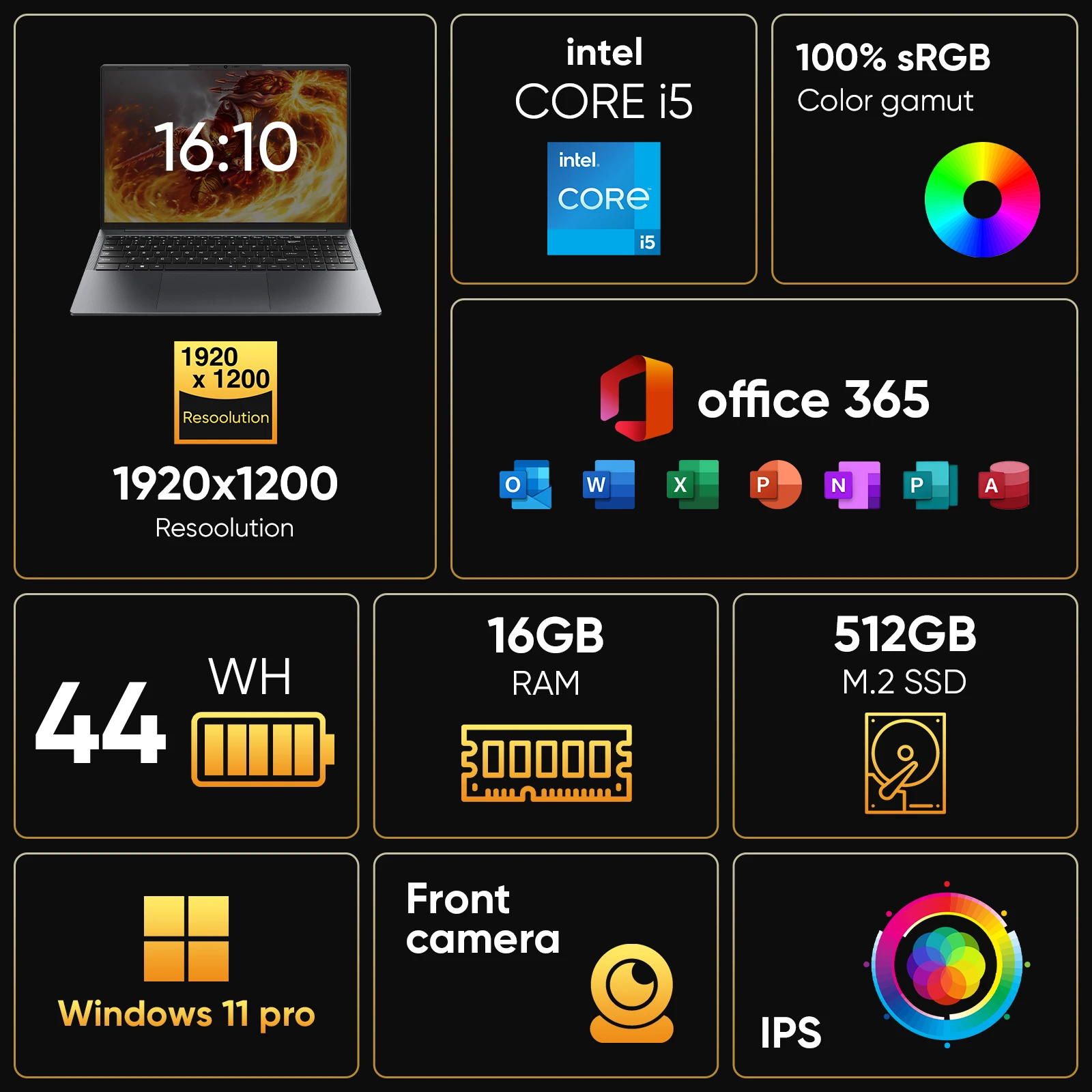 16-дюймовый портативный компьютер Intel Core i5 Процессор Win11 Pro Ноутбук 16 ГБ ОЗУ 512 ГБ SSD 1920x1200 Дисплей 16:10 с клавиатурой с подсветкой