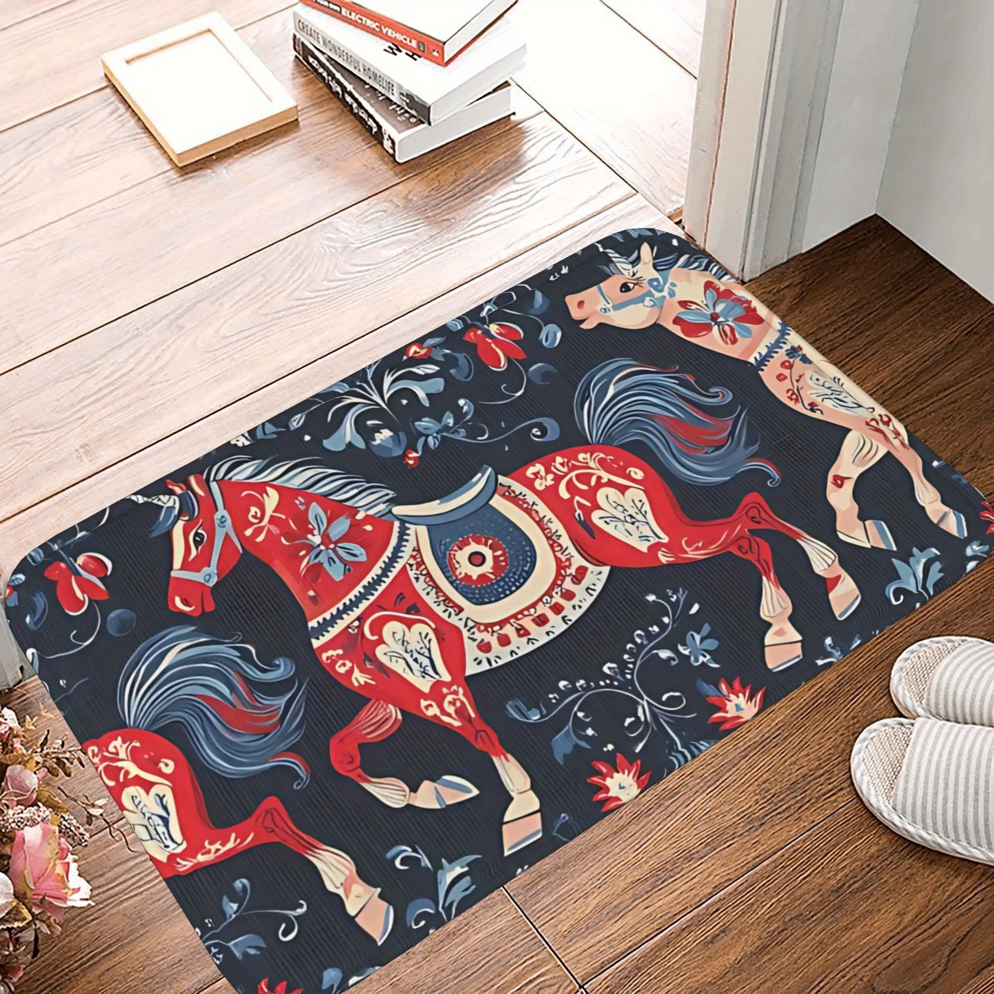 

1PC Ornate Decorative Horses Kitchen Rug Non-Slip Door Mat Pop design Bathroom Rug Bath Mat Carpet for Home Sink Laundry Decor