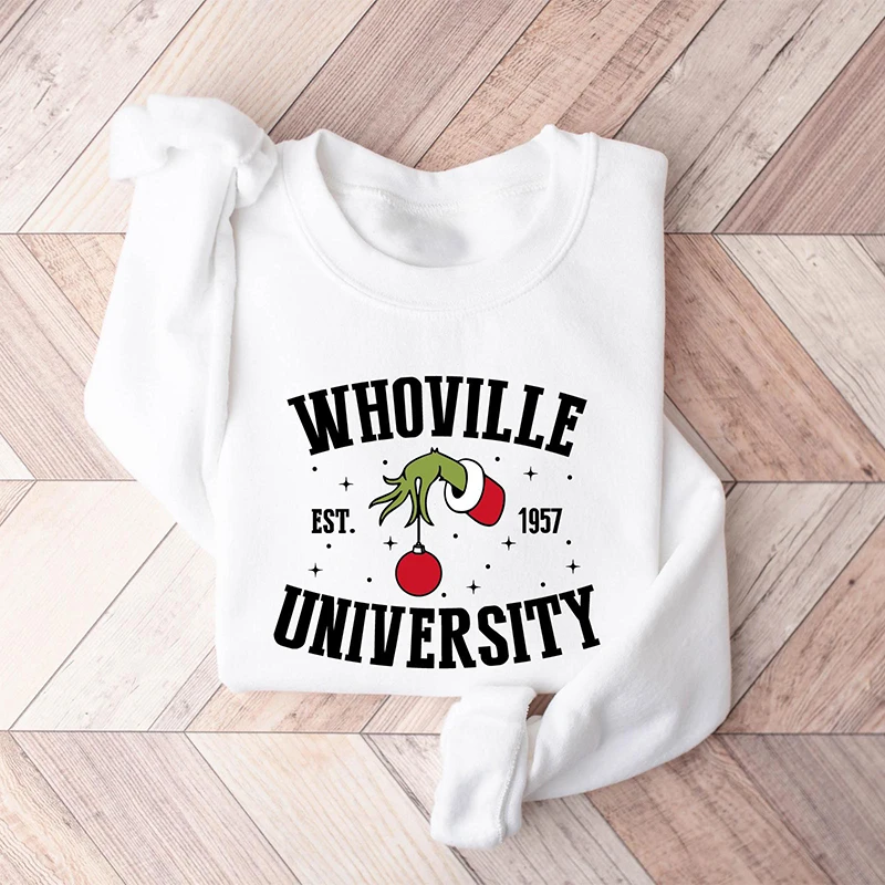 Whoville University Sweatshirt Grinch Christmas Genie Hoodie Women\'S Autumn And Winter Loose Round Neck Oversized Casual Shirt