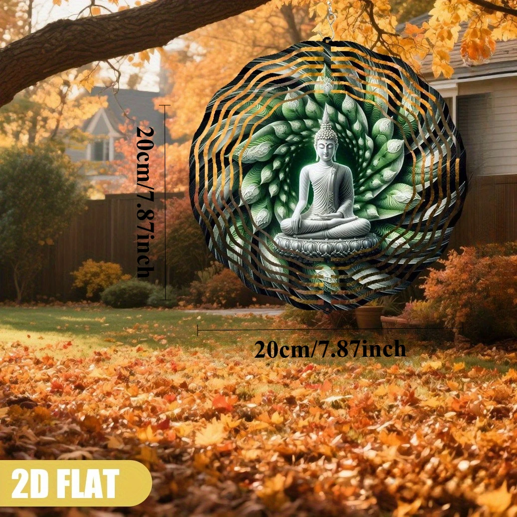 1pc Elegant White Buddha Statue with Swirling Green Leaves - 360° Rotating Wind Spinner Patio Decor, Buddha Home Decor, 2D Flat