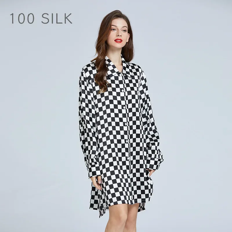 Women Lapel 19 Momme 100% Mulberry Silk Pajamas Shirt Dress Casual Homewear Summer Plaid Nightgown Long Sleeve Loose Sleep Dress