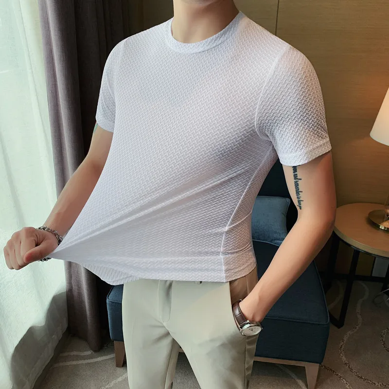 2022 Summer Men\'s Transparent Mesh Ice Silk T-shirts Men Short Sleeve Round Neck Hollow T Shirt Male Casual Fitness Tee Tops