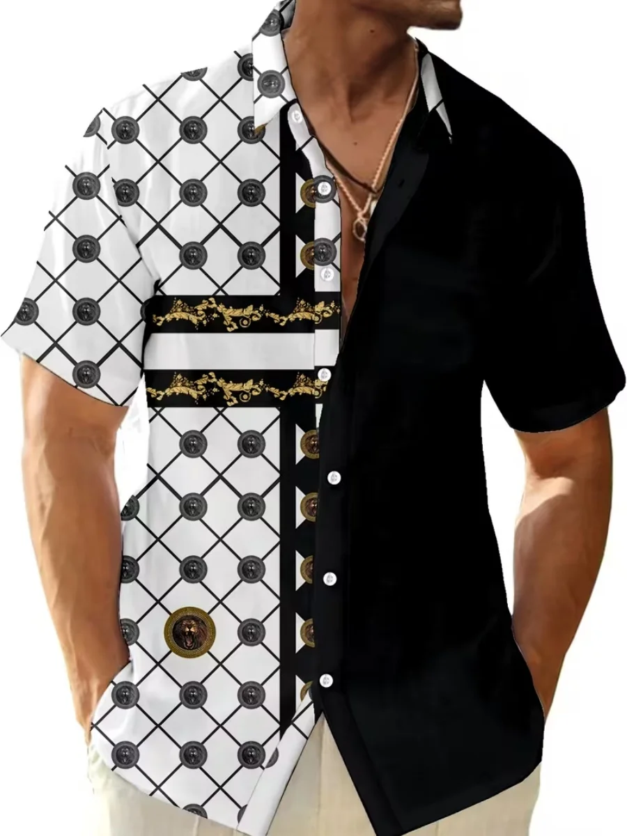 

New men's short-sleeved shirt with 3D printed floral patterned lapel, fashionable street style long-sleeved top.