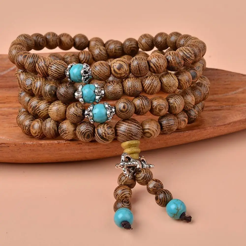 Meditation Wood 108 Rosary Tibetan Beads Turquoise Bracelet Buddhist Wenge - Image 6