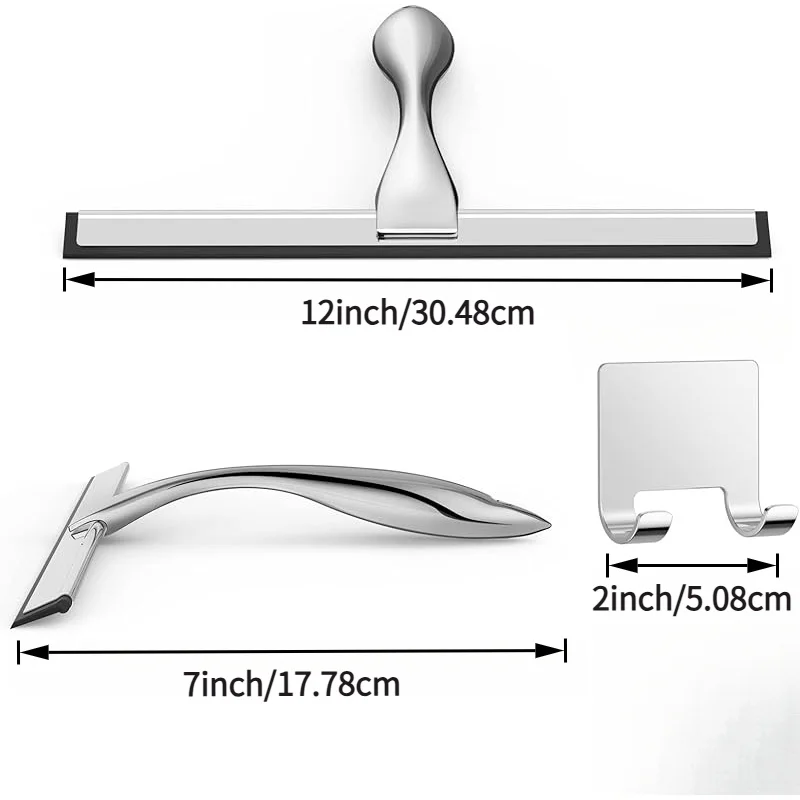 1Pc Universal Stainless Steel Shower Squeegee for Shower Doors, with Adhesive Hook - 12-Inch Silver Bathroom Cleaning Tool