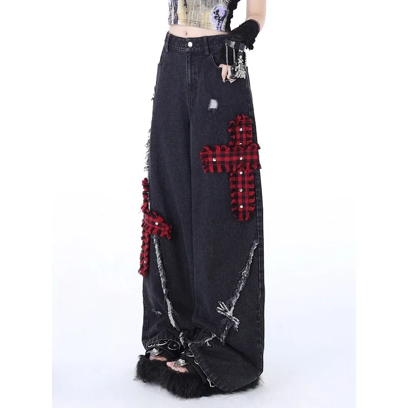 Deeptown Y2k Gothic Vintage Women Jeans Baggy Japanese Style Denim Pants Harajuku Patchwork Embroidery Streetwear Punk Trousers