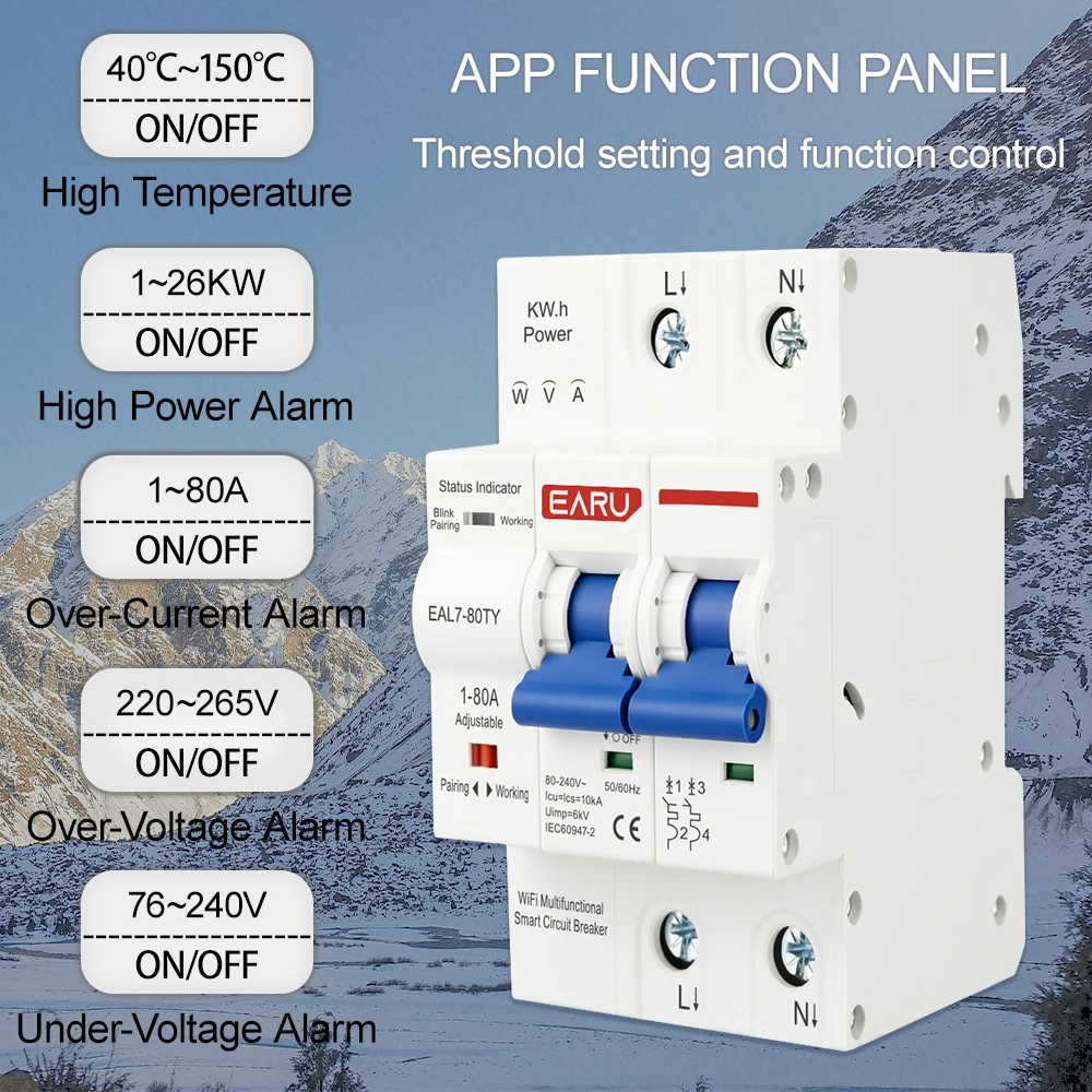 1-80A Adjustable 230V TUYA WIFI MCB Smart Circuit Breaker Energy Meter kWh Over Current Under Voltage Short Circuit Protection