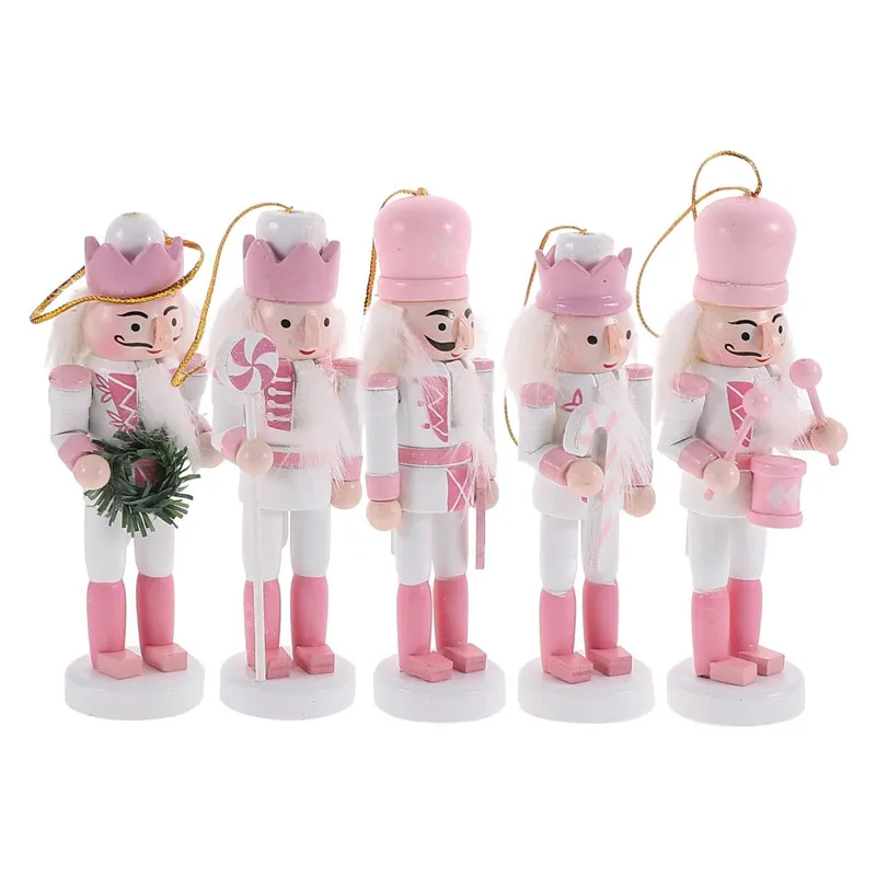 5pcs Holiday Christmas Pink Nutcrackers Soldier Ornament Wood Model Supplies for Home Bar Bookshelf Party Decoration