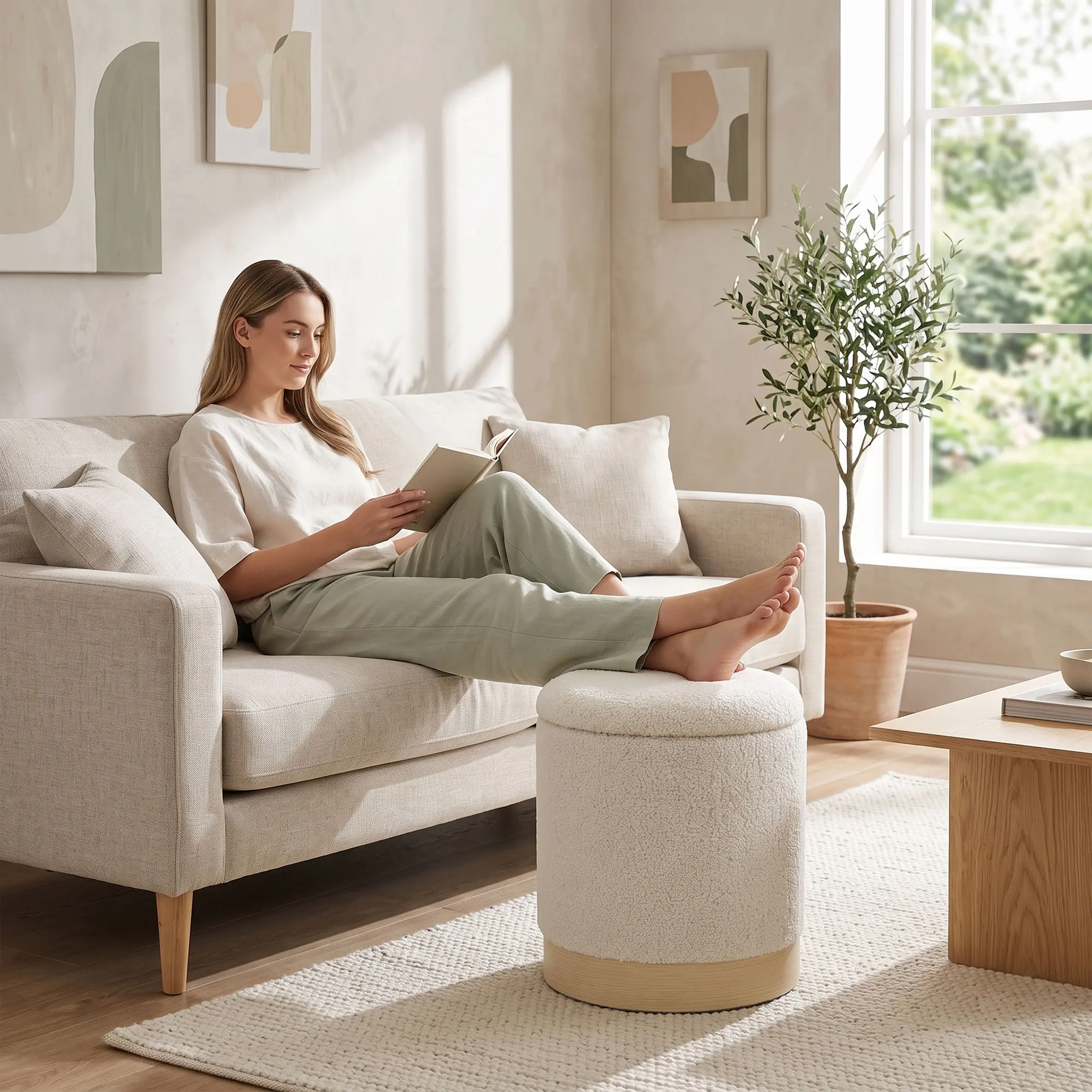 HOMCOM Sitzhocker mit Stauraum, Aufbewahrungshocker mit Sherpa-Bezug und Holzoptik-Metallfuß, Hocker bis 120 kg belastbar, für Wohnzimmer & Schlafzimmer, 38 cm Cremeweiß