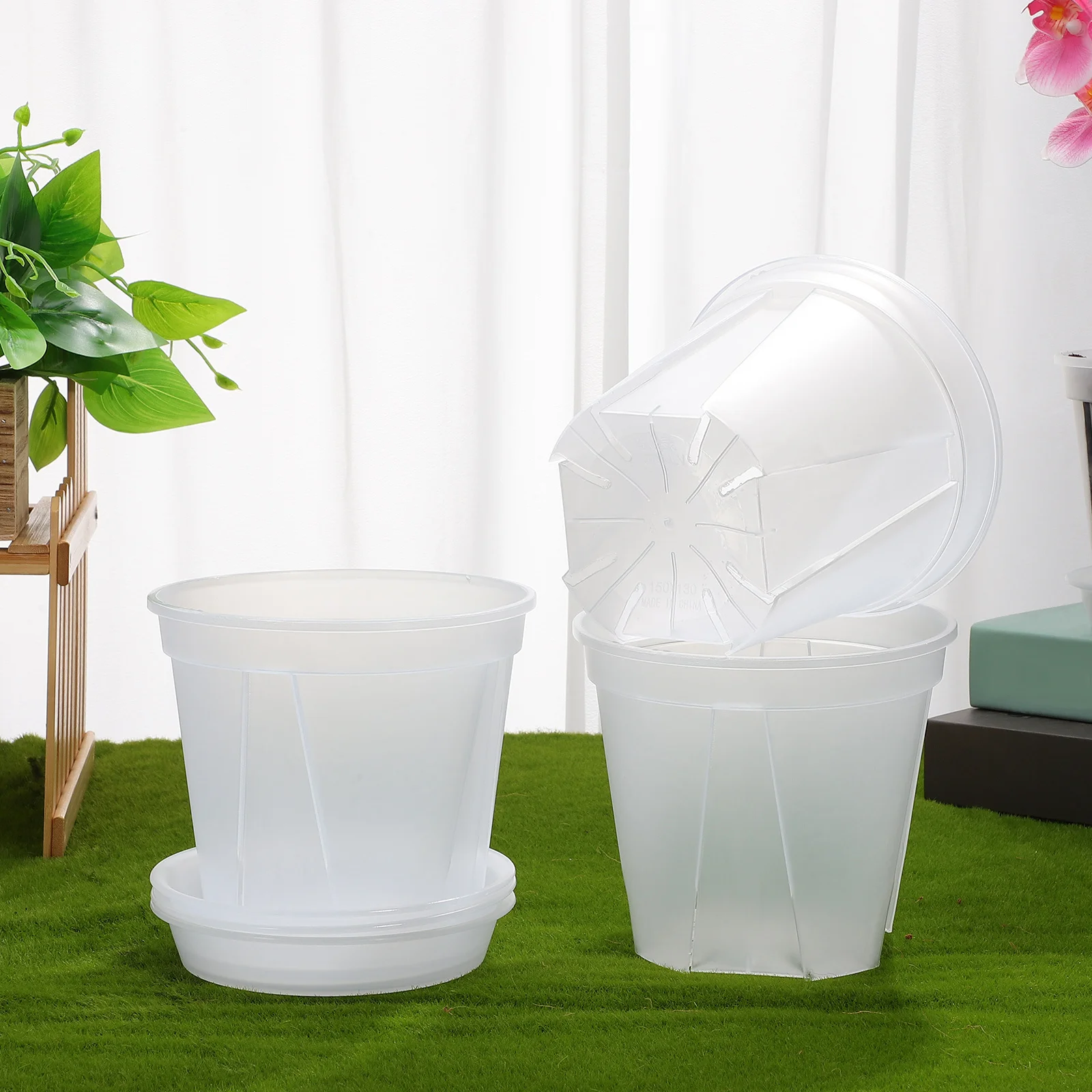 

4 pcs Plastic Planter Breathable Root Control Pot 0.3 Gallon Drainage Tray Transparent For Indoor Plants Succulents Flower Pots