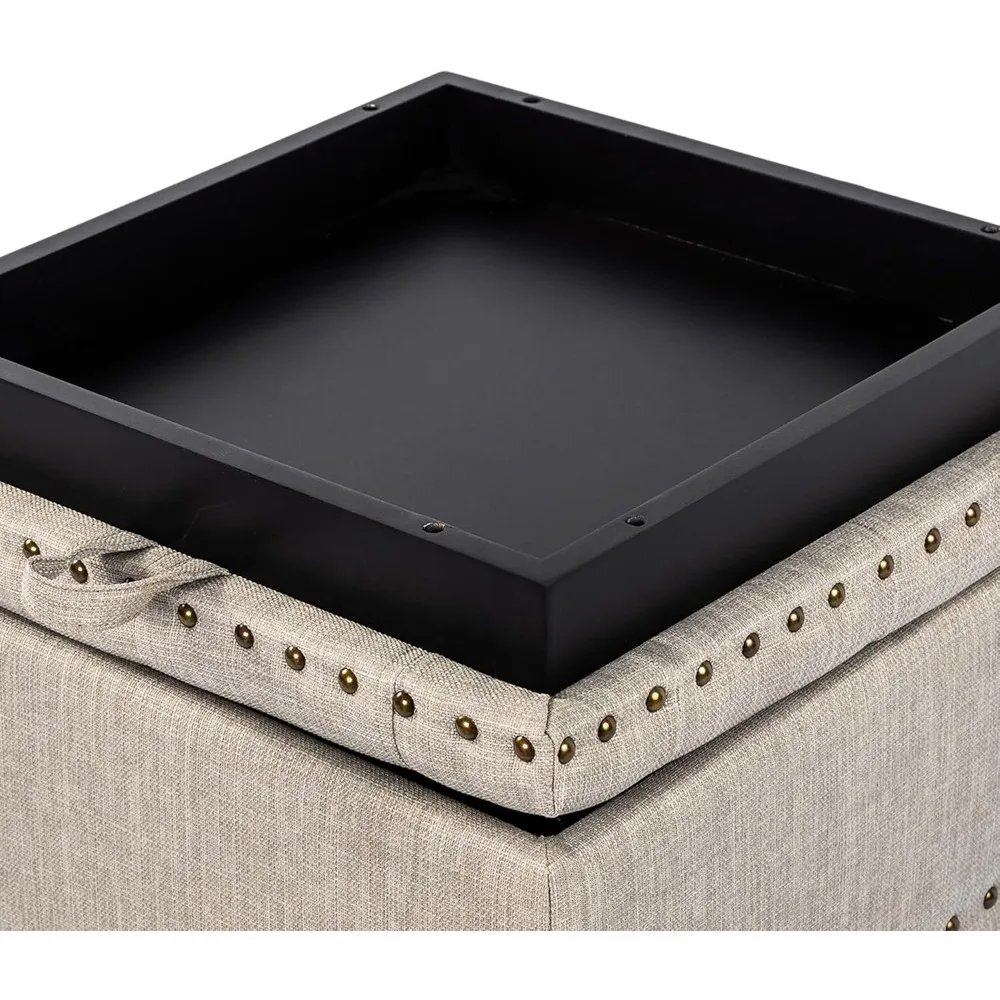 مساحة تخزين عثمانية عالية المكعب مقاس 18 بوصة، مقاعد قدم للكرسي من الكتان باللون البيج مع صينية، مقعد منجد بأرجل من الخشب الصلب #6