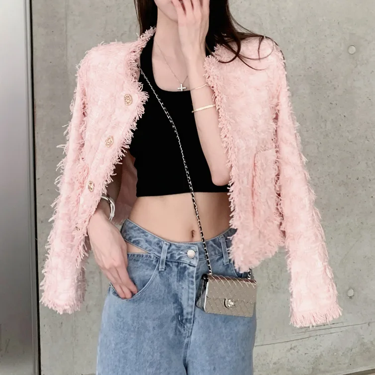 

Autumn Pink Elegant Small Fragrant Style Tassels Coat Women's Design Sense Long Sleeve Coarse Tweed Single breasted Jacket Top