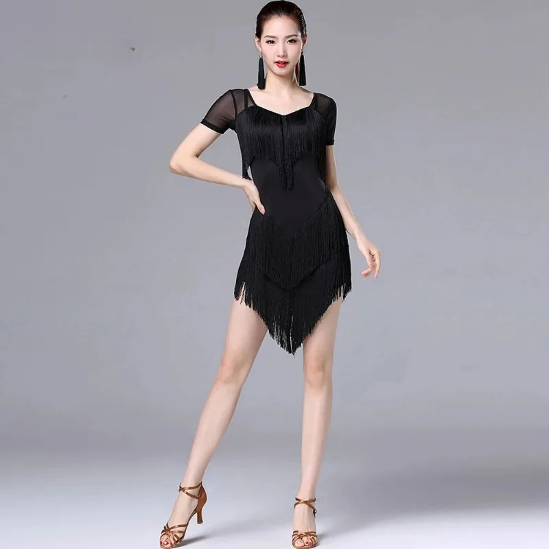 

Платье для латинских танцев, костюм для женщин, новая сексуальная тренировочная одежда, платье с бахромой, комплект костюмов для выступлений