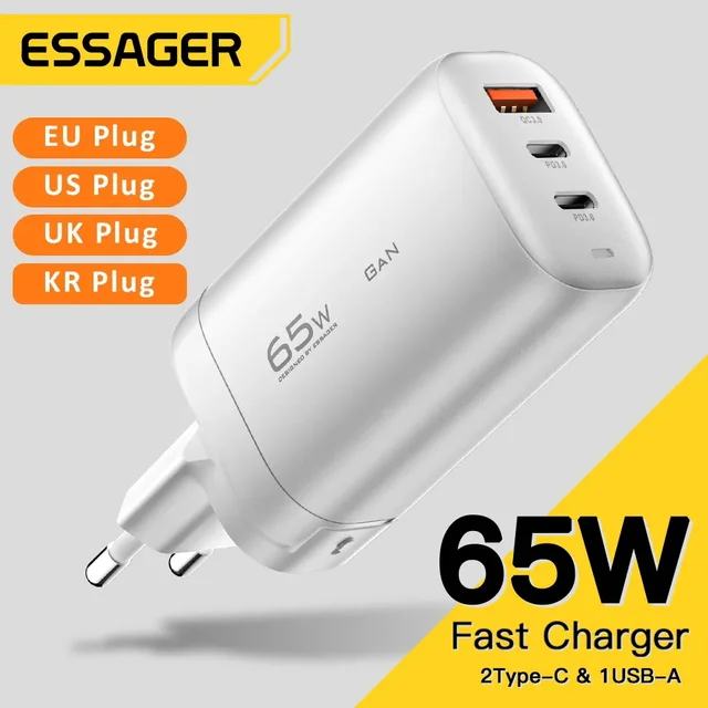 Essager 65W GaN USB Type C Ładowarka QC4.0 PD3.0 Szybka ładowarka do Xiaomi iPhone 13 12 Huawei Redmi Laptop Ładowarka do telefonów komórkowych