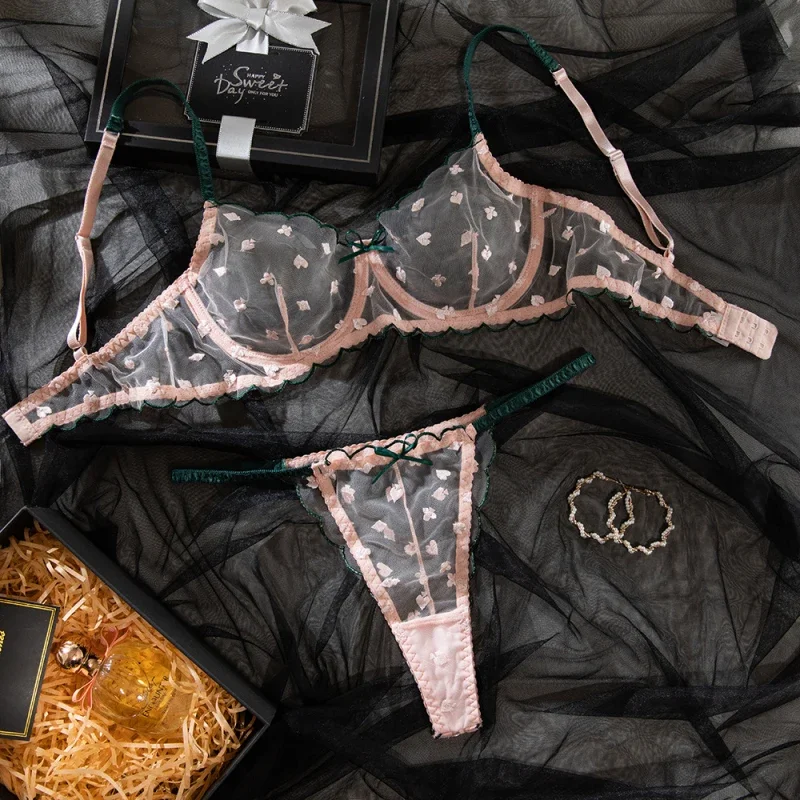 Transparent embroidered bikini lingerie set in a pure and desirable style with fresh, see-through floral patterns