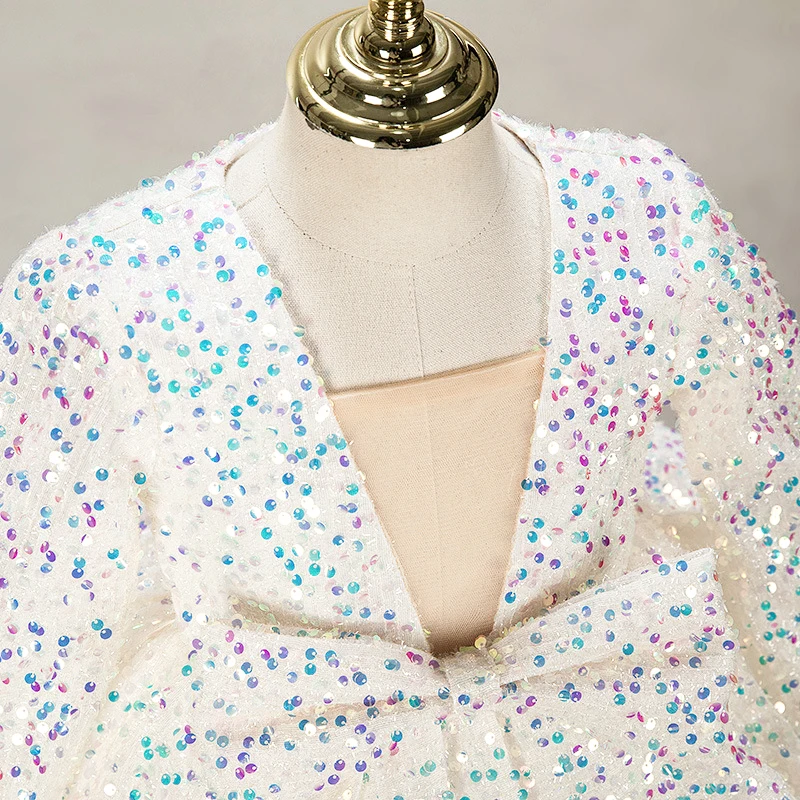 Robe de Soirée Courte en Velours Blanc et Rose pour Fille, Tenue Élégante de Luxe à Paillettes pour Enfant