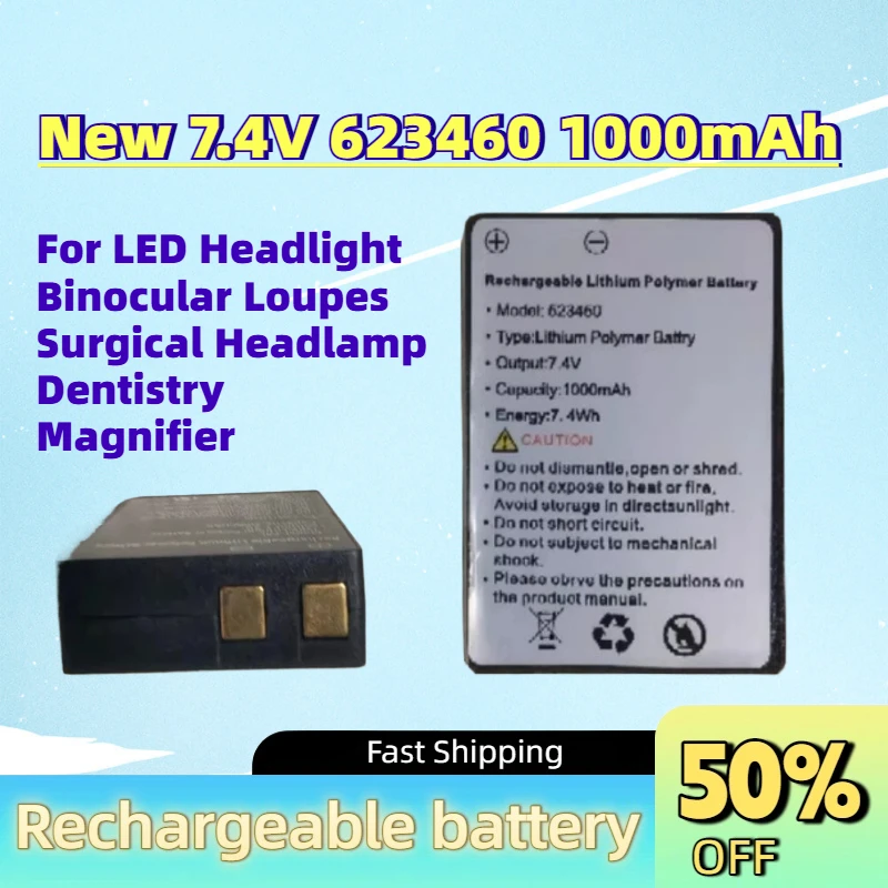 In Stock New 7.4V 623460 1000mAh Li-Ion Dental Battery for LED Headlight Binocular Loupes Surgical Headlamp Dentistry Magnifier