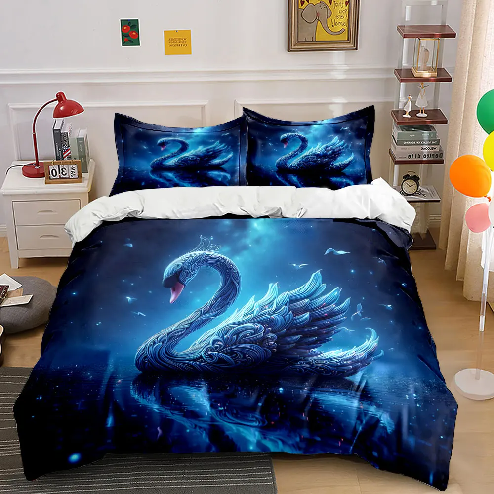 Enchanted Blue Swan Bedding Set for Kids Luxury Gift 3pcs Digital Print Comforter Set Soft Comfortable Breathable