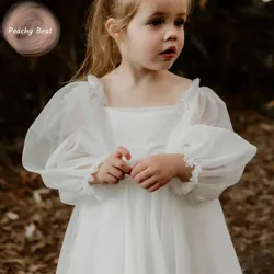 Baby Girl Princess Mesh Tutu Dress White Infant Toddler Child Long Sleeve Tulle Vestido Wedding Birthday Party Baby Clothes 2-6Y