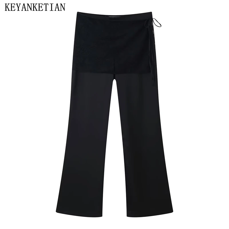 

KEYANKETIAN, осенние новые женские повседневные кружевные прямые брюки с запахом и боковой молнией, женские широкие брюки