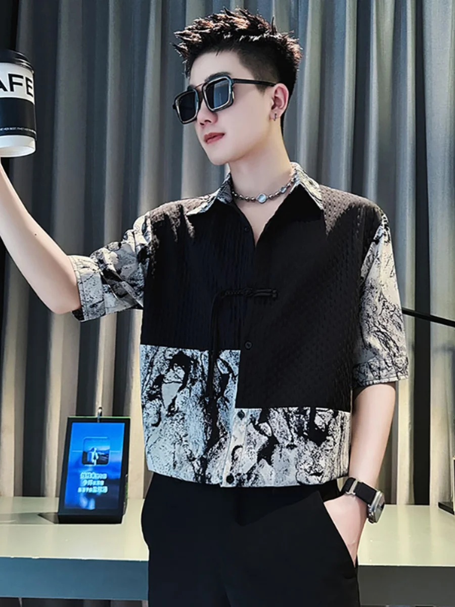 

Новая мужская футболка из ледяного шелка в китайском стиле, летняя, с коротким рукавом, в стиле пэчворк, модная, повседневная, тонкая, стандартного кроя, для ежедневной носки.