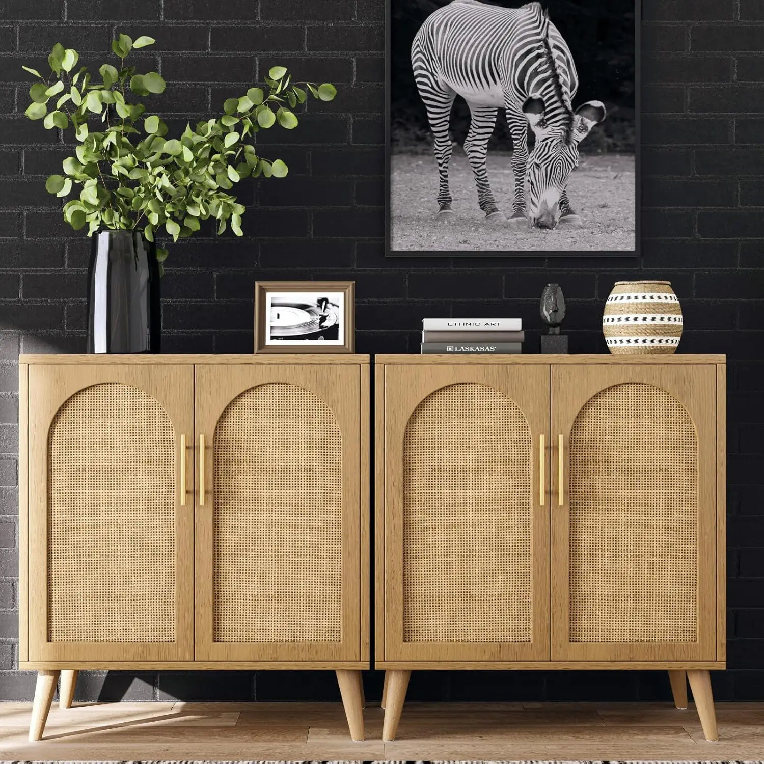 

Set of 2 Rattan Storage Cabinet with Doors, Accent Bathroom Floor Cabinet, Modern Sideboard Buffet for Living Room, Entryway