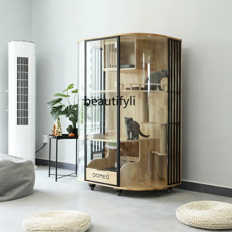 

Curved panoramic cat villa glass transparent luxury solid wood cat cabinet cat coffee display cabinet