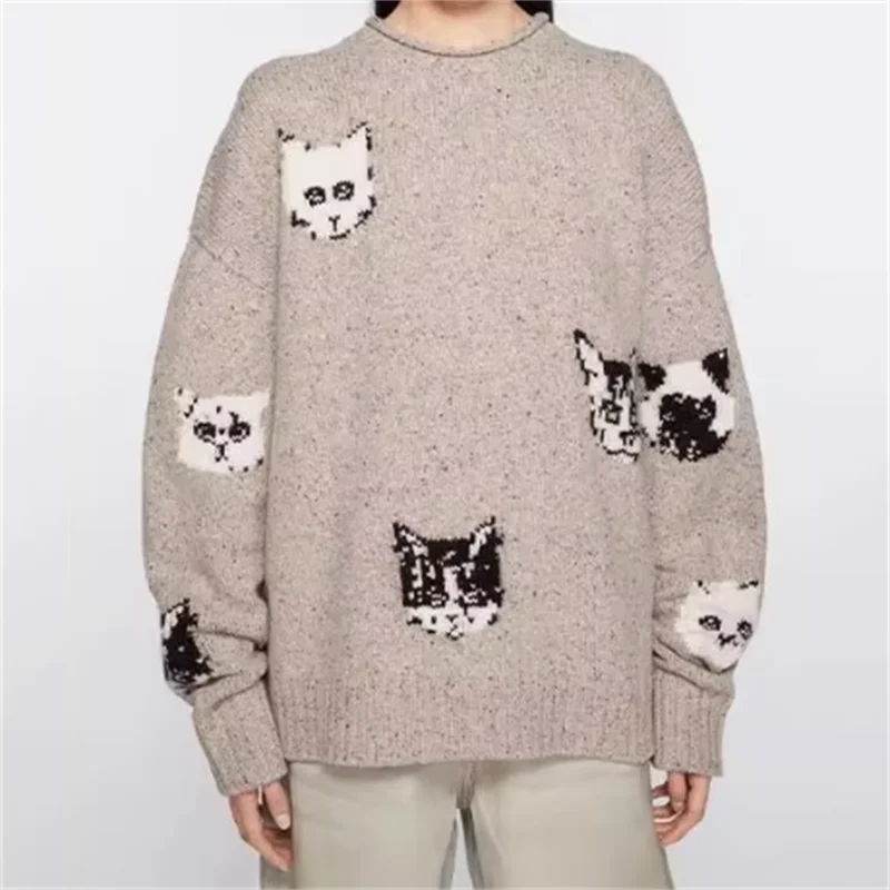 

Women's sweater 2024 autumn elastic knitted round neck pullover Embroidery of kitten pattern Women's long sleeve top knitwear