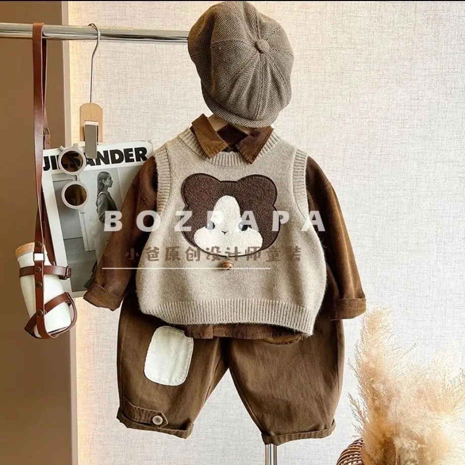 Autumn Winter Childent Thick Warm Boys Cute Knit Cartoon Pullover Knit Vest Sweater+Shirt +Loose Pant 3Pcs Cotton Casual Suits