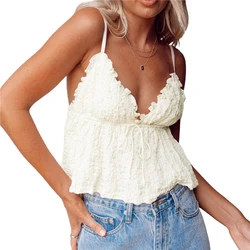White Corset Tank Tops Spaghetti Strap Sleeveless Camisole Tops Women Solid Color Ruffle Casual Summer Vest Shirts Female