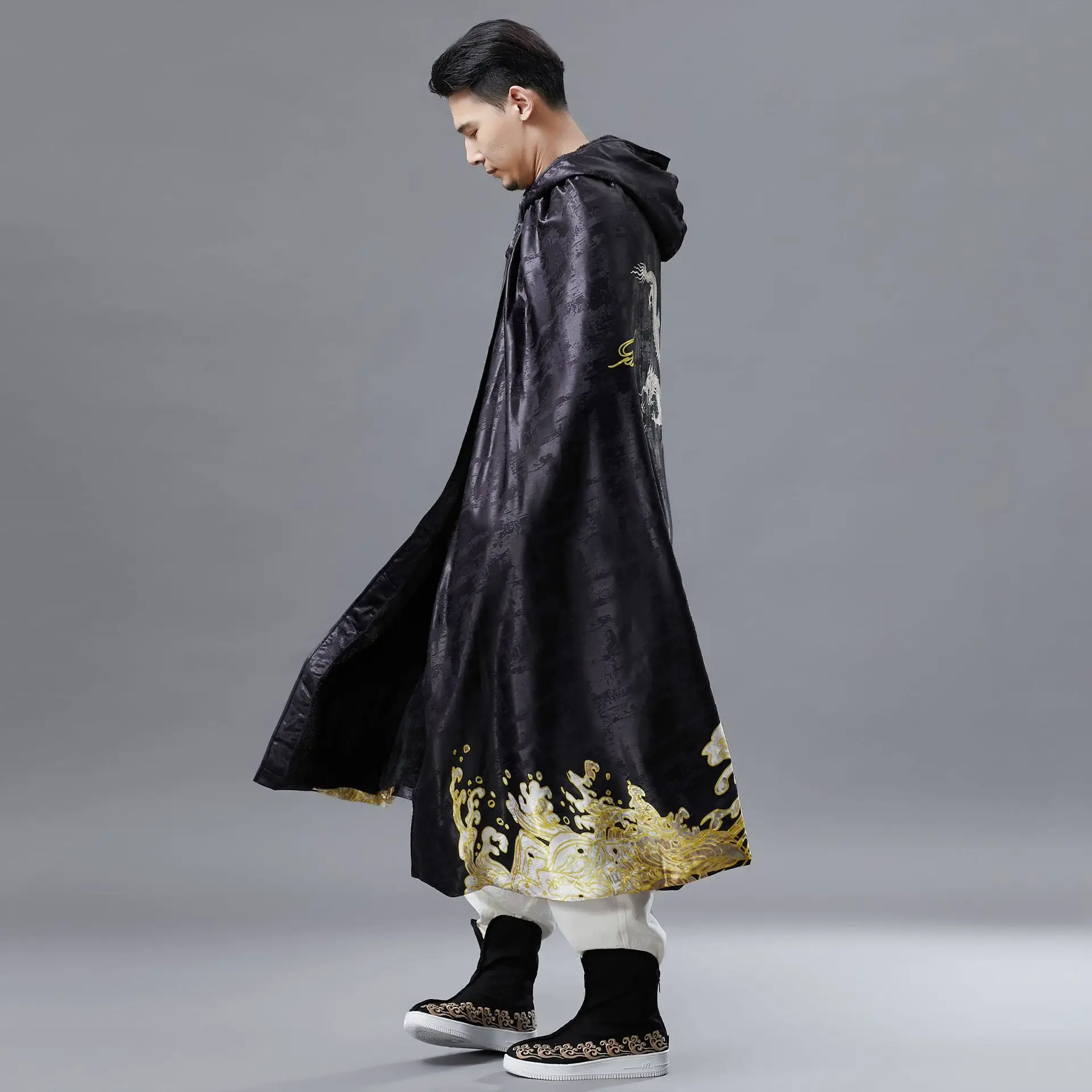 Dragon Hooded Cloak Men Chinese Traditional Clothing Tai Ji Suit Martial Arts Kung Fu Performance Printed Hood Long Trench Coat