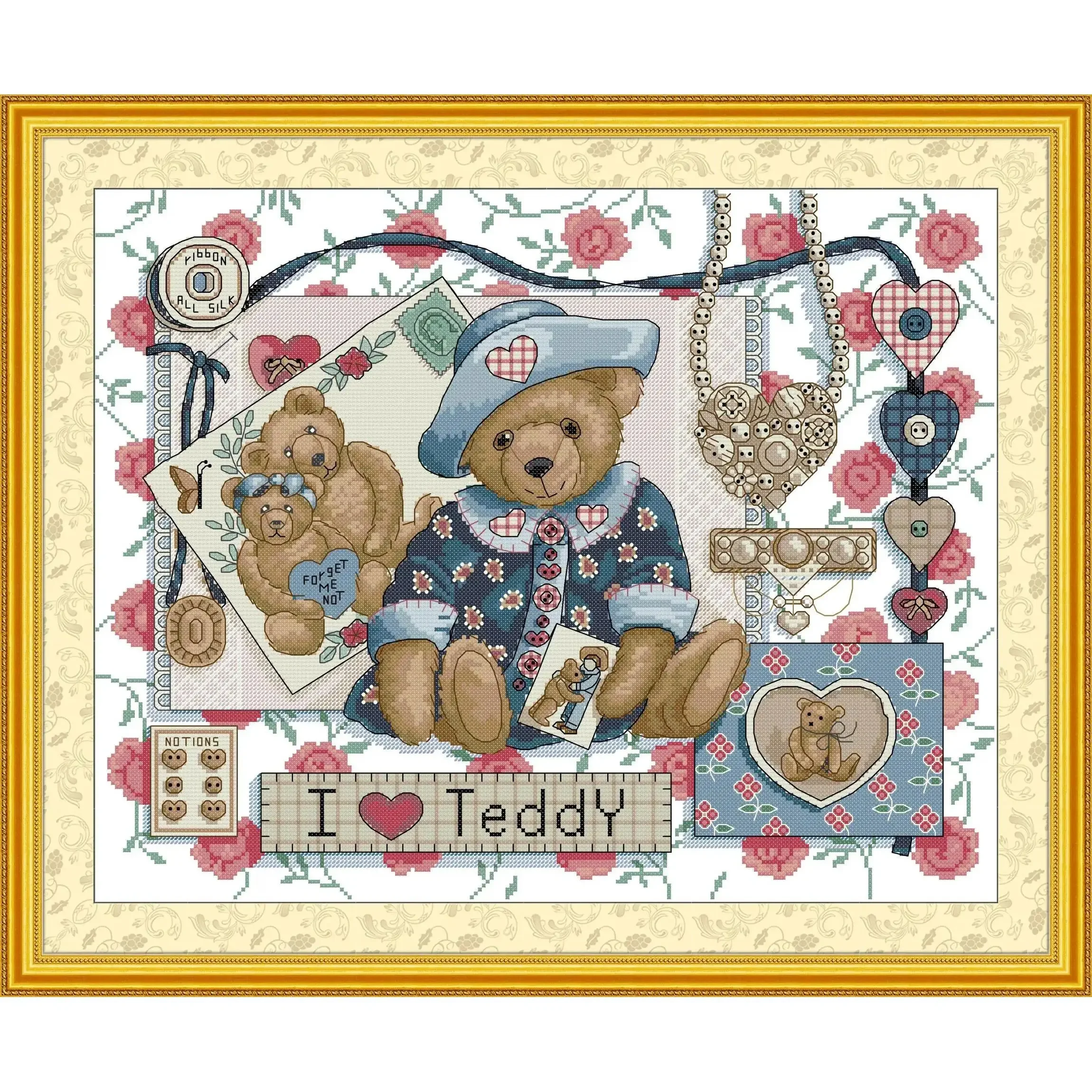 Joy Sunday News Printedd Cross Stitch Kit,  Easy Pattern With Aida and DMC Threads  Stamped Fabric Embroidery Set-I Love Teddy