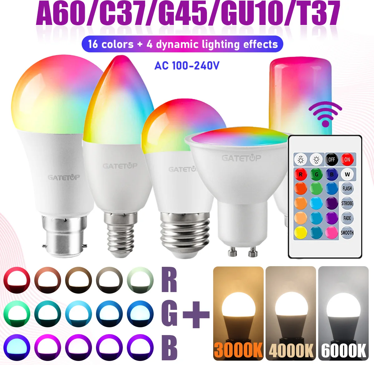 2pcs RGB Bulb E27 B22 E14 GU10 LED Multicolor Light 16 Colors 220V 110V Smart Lighting Dimmable 24 Key Remote Control Lamp