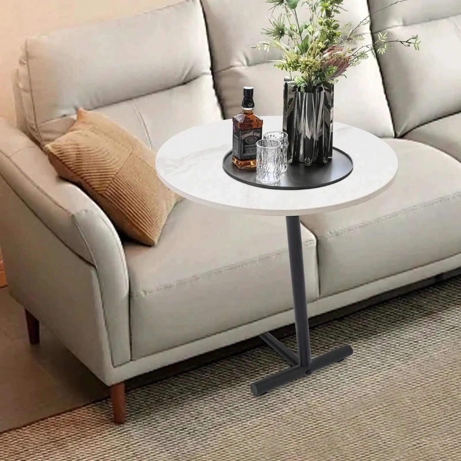 Minimalist Stone Slab Coffee Table Round Side Table, Modern Side Table White For Living Room, Bedroom 33.07 Lbs New