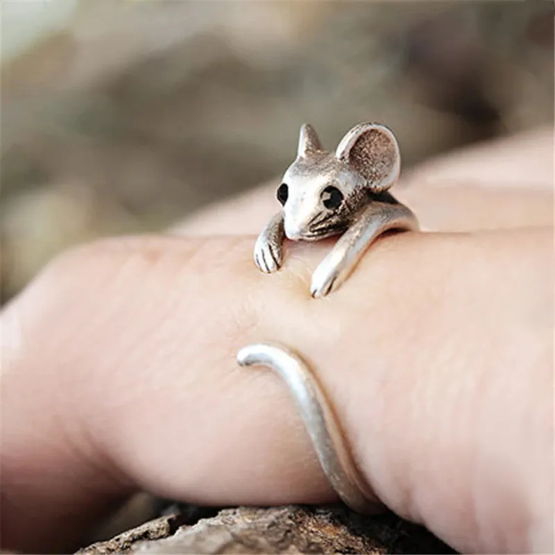 Huitan Cute Mouse Shape Open Ring for Women Antique Silver Color Modern Fashion Girls Finger Accessories Hip Hop Party Jewelry