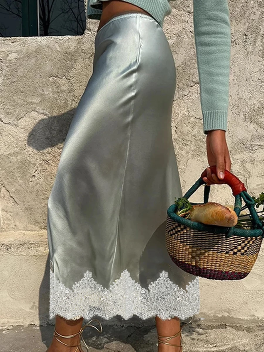 シャンパンカラーのレディースミディスカート、Aライン、レーストリム、ミッドライズ、女性用サマーエレガントミディスカート