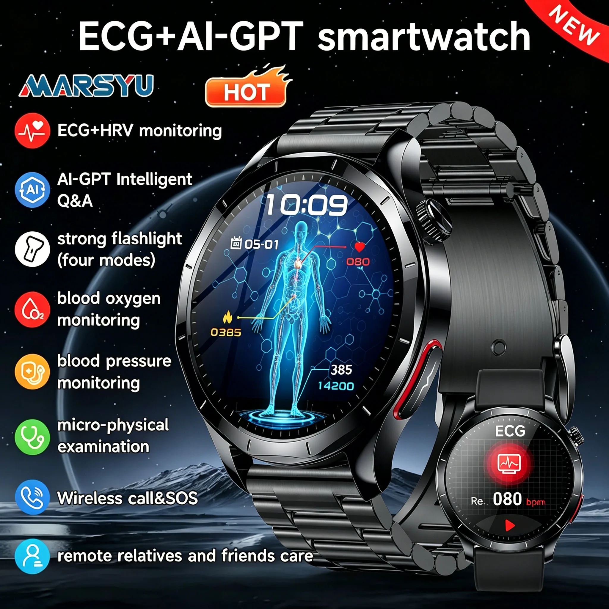 Marsyu Neue Gesundheits-Smartwatch EKG+PPG HRV Blutfette Harnsäure Mikrountersuchung Taschenlampe UI Sprachanruf Smartwatch für Männer und Frauen