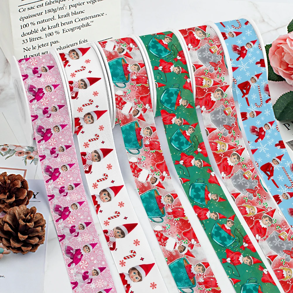 

Лидер продаж, рождественская лента в репсовую ленту с мультяшным принтом эльфа, атласная лента для девочек, головные уборы, банты для волос ручной работы, 10 ярдов